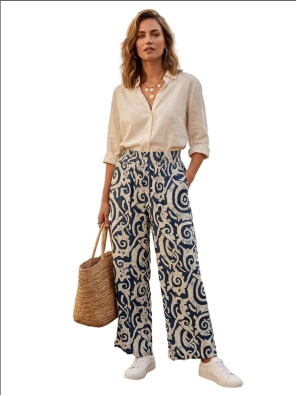 Women's CRISTIAN SIRIANO NEW YORK Wide Leg Pants M Blue Beige